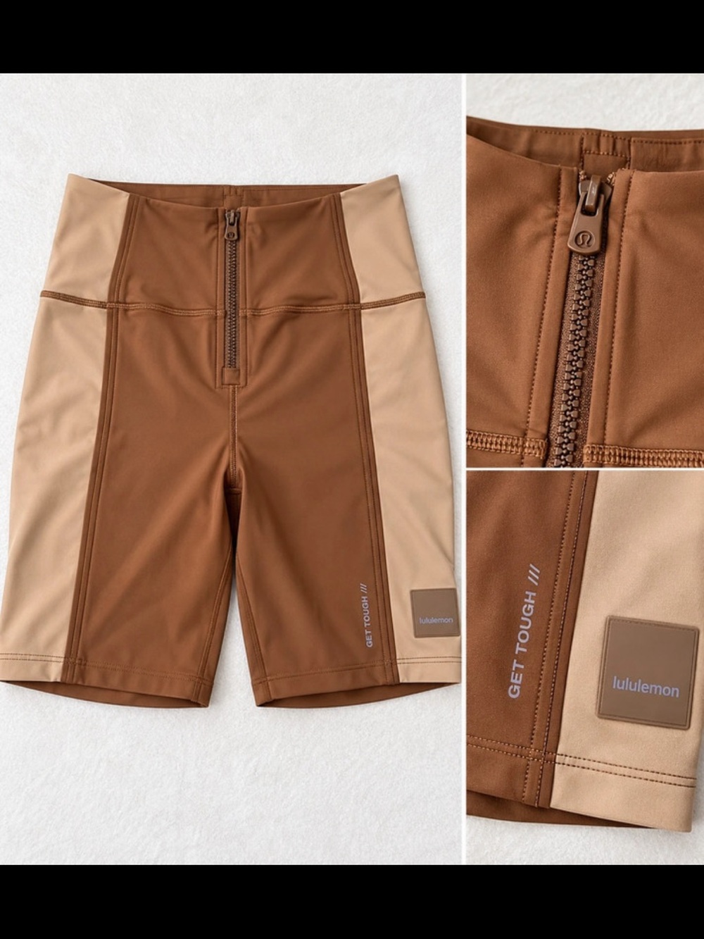 lululemon athletica Brown and Tan High-Rise Zip Bike Shorts